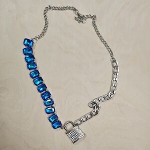 Silver and Blue Chain Necklace with Lock Pendant
